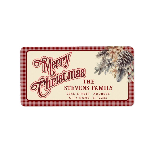 Modern script Merry Christmas pine cone floral Label (Front)