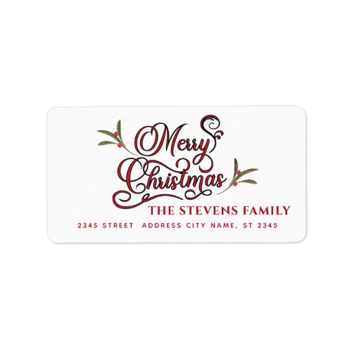 Modern script Merry Christmas red  holly  Label
