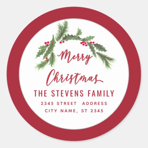 Modern script Merry Christmas red holly  Label