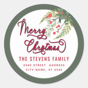 Modern script Merry Christmas red holly Label