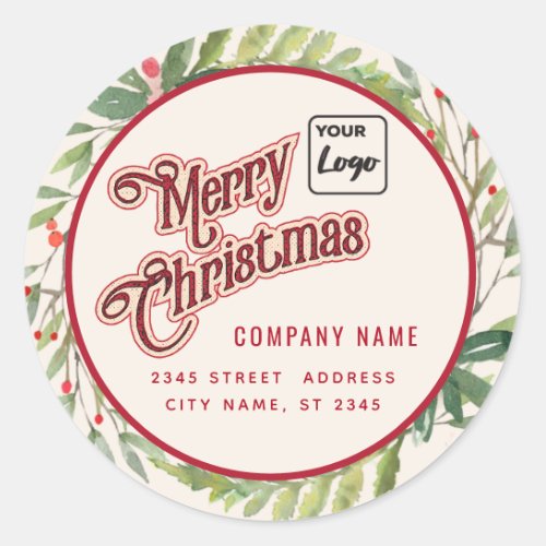 Modern script Merry Christmas red holly logo Class Classic Round Sticker