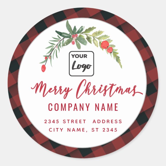 Modern script Merry Christmas red holly logo Classic Round Sticker (Front)