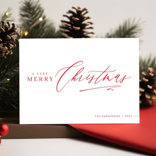 Modern Script Merry Christmas Red Non Photo Folded Holiday Card