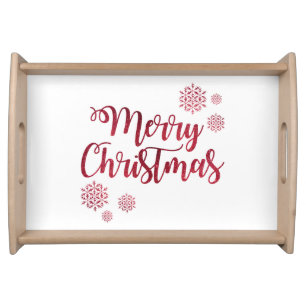 Modern Script Merry Christmas Red Snowflakes Serving Tray