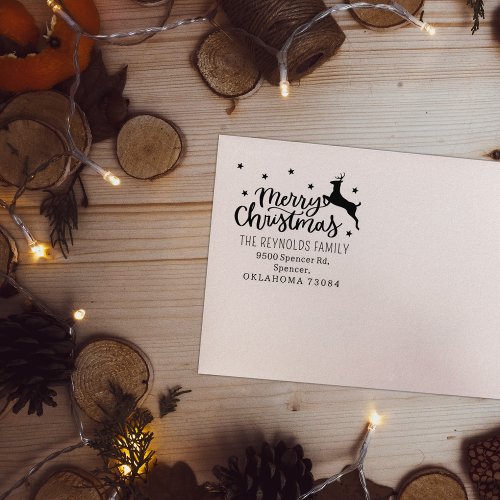 Modern Script Merry Christmas Return Address Rubber Stamp