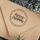 Modern Script Merry Christmas Round Return Address Self-inking Stamp<br><div class="desc">Add a personal touch to your mail this holiday season with these festive return address stamps! This design features "Merry Christmas" in hand-lettered script calligraphy, your family name and contact details in round typography, and a simple circle border. Add your custom wording by clicking on "Personalize this template". For more...</div>