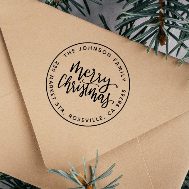 Modern Script Merry Christmas Round Return Address Self-inking Stamp (Rubber Stamp Mock-up)