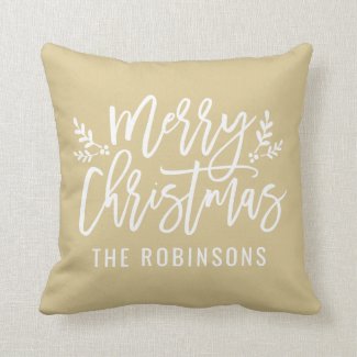 Modern Script Merry Christmas Tan Monogram Throw Pillow