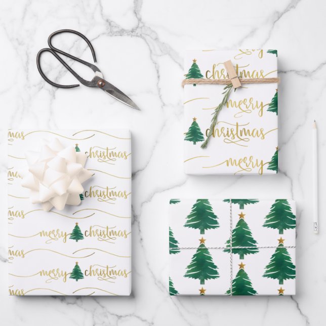 Modern Script Merry Christmas Tree Gold Green Wrapping Paper Sheets (Front)