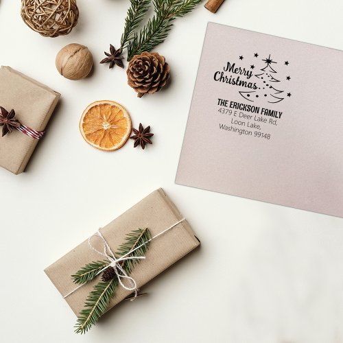 Modern Script Merry Christmas Tree Return Address Rubber Stamp