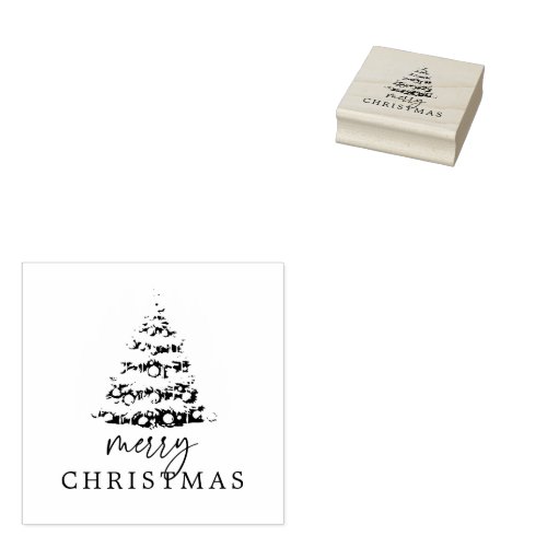 Modern Script Merry Christmas Tree Rubber Stamp