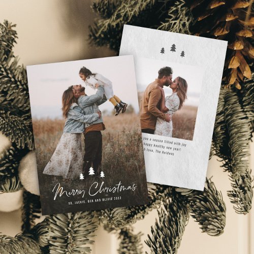 Modern Script Merry Christmas Trees 2 Photo Holiday Card