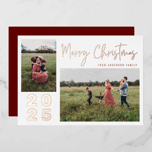 Modern Script Merry Christmas Two Family Photo Red Foil Holiday Card (Front/Back)