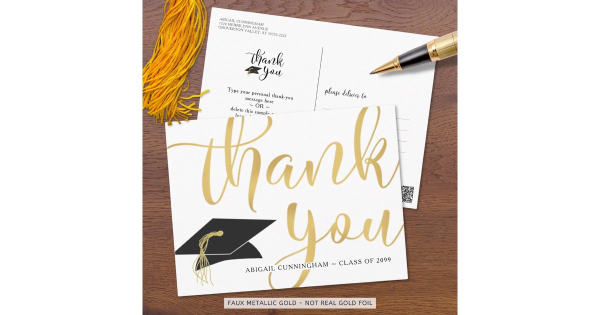Modern Script Metallic Gold Graduation Thank You Postcard | Zazzle