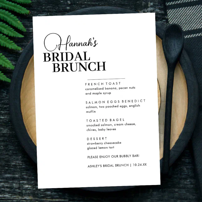 Modern Script Minimal Bridal Brunch Menu | Zazzle
