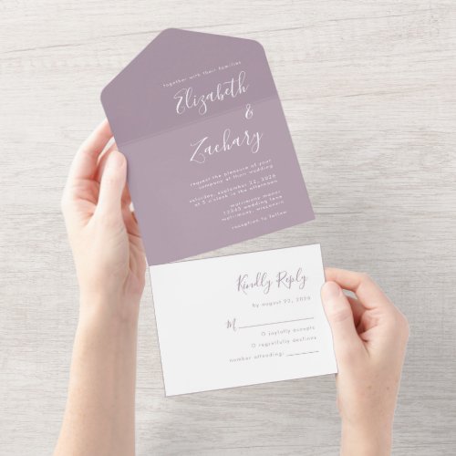 Modern Script Minimal Dusty Lavender Wedding All In One Invitation