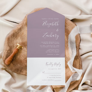 Modern Script Minimal Dusty Lavender Wedding All In One Invitation