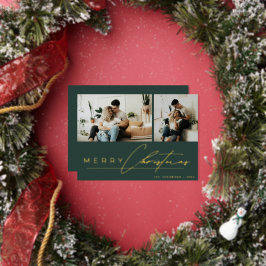 Modern Script Minimal Photo Green Merry Christmas Foil Holiday Card