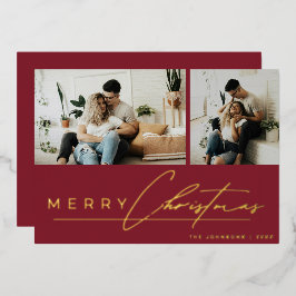 Modern Script Minimal Photo Red Merry Christmas Foil Holiday Card