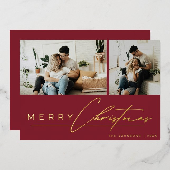 Modern Script Minimal Photo Red Merry Christmas Foil Holiday Card (Front/Back)