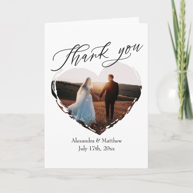 Modern Script Minimalist Heart Photo Wedding Thank You Card (Front)