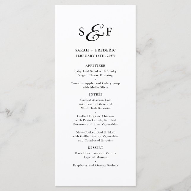 Modern Script Minimalist Monogram White Wedding Menu (Front)