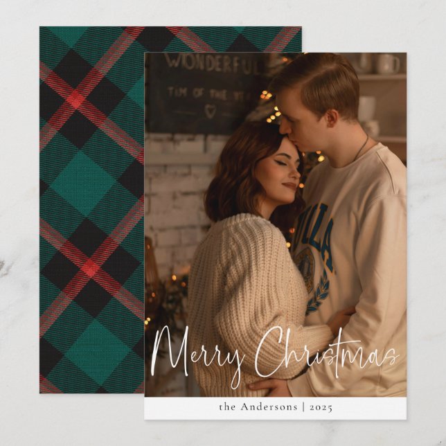 Modern Script Minimalist Photo Green Christmas Holiday Card (Front/Back)