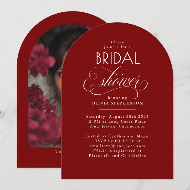 Modern Script Minimalist Red Bridal Shower Photo Invitation (Front/Back)