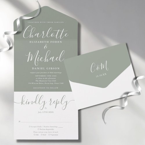 Modern Script Minimalist Sage Green Wedding All In One Invitation