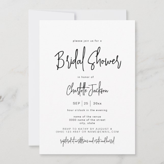 Modern Script Minimalist Simple Bridal Shower Invitation (Front)