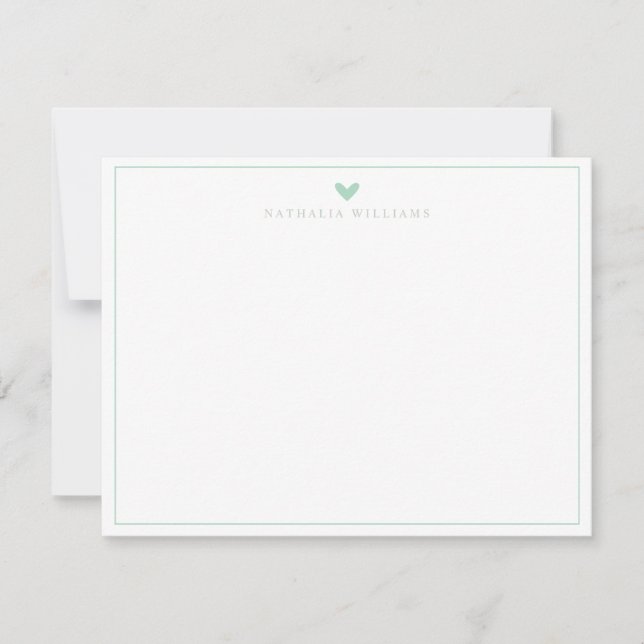 Modern Script Mint Green Heart Border Monogram Note Card (Front)