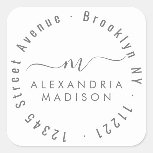 Modern Script Monogram  Address Silver Gray Square Sticker