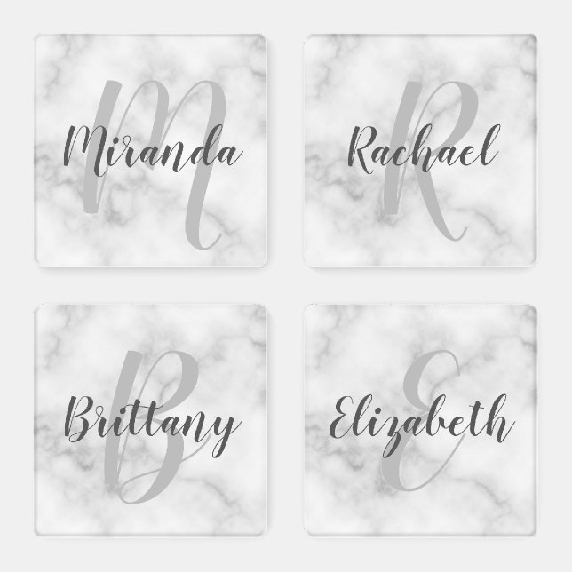 Modern Script Monogram and Name Marble Coaster Set (Set)