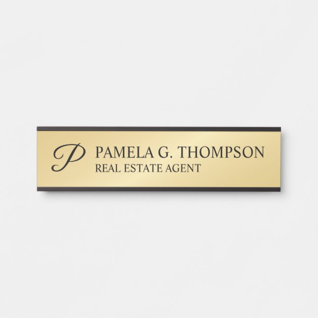 Modern Script Monogram Black and Gold Door Sign (Front)