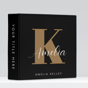 Modern Script Monogram Black Gold 3 Ring Binder