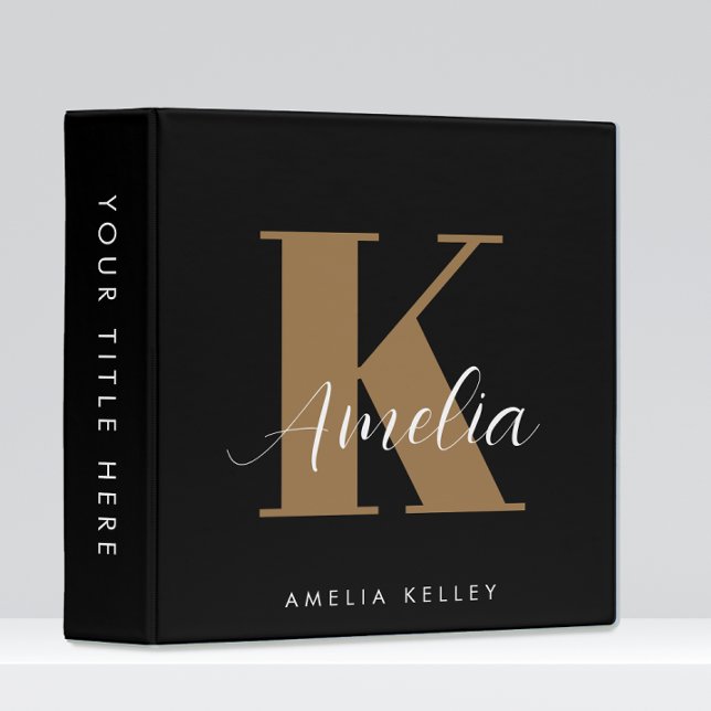 Modern Script Monogram Black Gold 3 Ring Binder (Creator Uploaded)