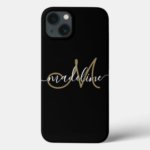 Modern Script Monogram Black Gold iPhone 13 Case