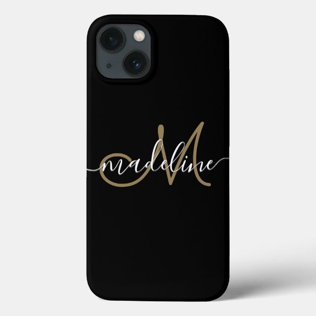 Modern Script Monogram Black Gold Case-Mate iPhone Case (Back)