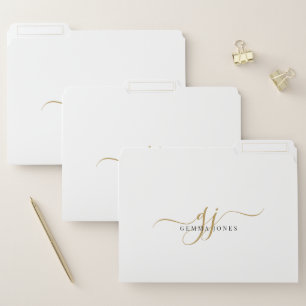 Modern Script Monogram Black Gold Initials White File Folder