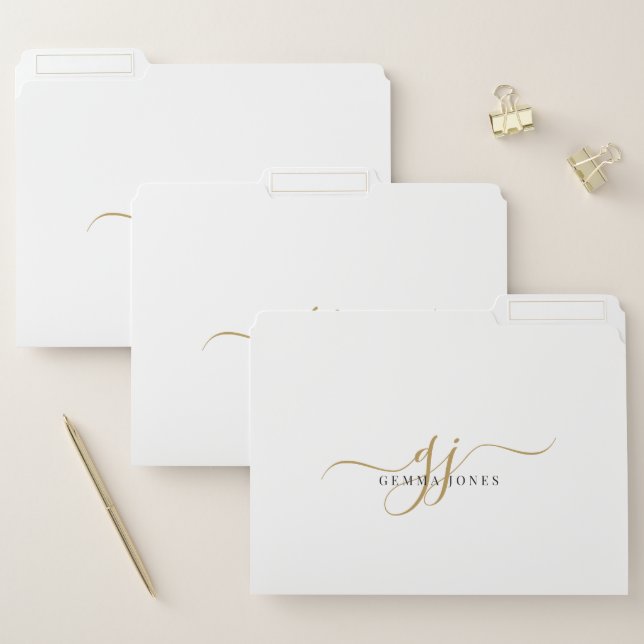 Modern Script Monogram Black Gold Initials White File Folder (Set)