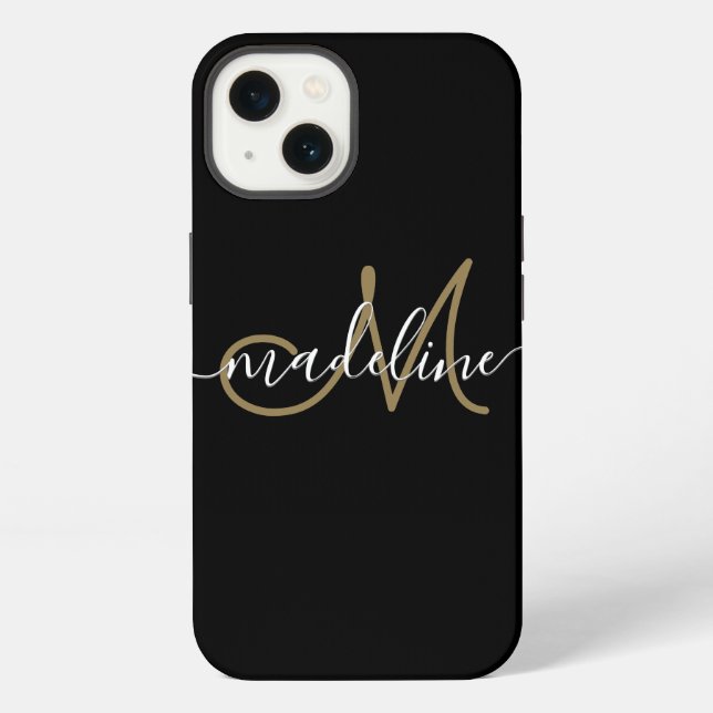 Modern Script Monogram Black Gold Iphone Case (Back)