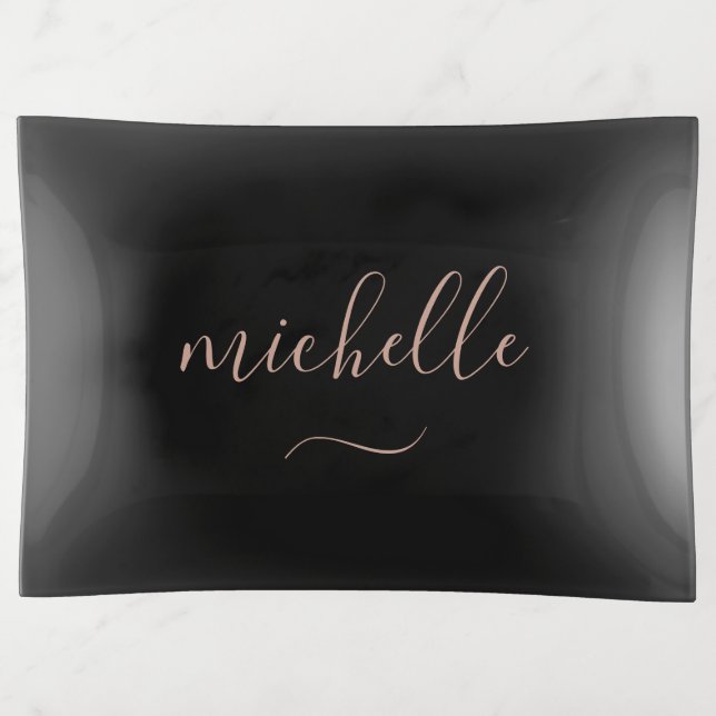 Modern Script Monogram Black Gold Trinket Tray (Front)