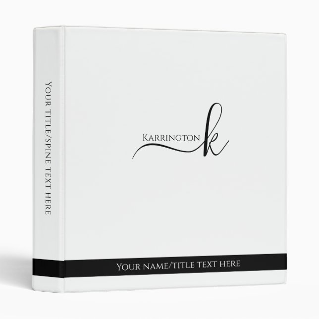  Modern Script Monogram Black White Office School 3 Ring Binder (Front/Spine)