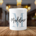 Modern Script Monogram Custom Jumbo Giant Coffee Mug<br><div class="desc">Elegant, modern giant coffee mug with your custom name and monogram in a trendy hand lettered script calligraphy design in minimalist dusty light blue and black, this large typography driven design makes a great gift for coworkers, teachers, coaches, girlfriends, boyfriends, wives, daughters, or any other work or family member! Great...</div>