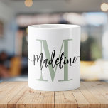 Modern Script Monogram Custom Jumbo Giant Coffee Mug<br><div class="desc">Elegant, modern giant coffee mug with your custom name and monogram in a trendy hand lettered script calligraphy design in minimalist dusty light sage green and black, this large typography driven design makes a great gift for coworkers, teachers, coaches, girlfriends, boyfriends, wives, daughters, or any other work or family member!...</div>