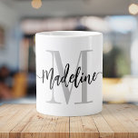 Modern Script Monogram Custom Jumbo  Giant Coffee Mug<br><div class="desc">Elegant, modern giant coffee mug with your custom name and monogram in a trendy hand lettered script calligraphy design in minimalist grey and black, this large typography driven design makes a great gift for coworkers, teachers, coaches, girlfriends, boyfriends, wives, daughters, or any other work or family member! Great for the...</div>