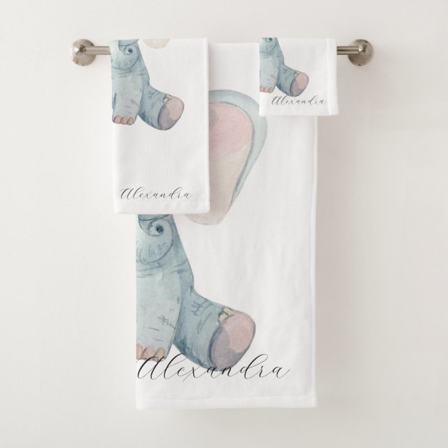 Modern script monogram cute animal elephant blue bath towel set (Insitu)