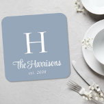 Modern Script Monogram Dusty Blue Square Paper Coaster<br><div class="desc">Modern monogram dusty blue coaster with your name in a stylish white script. Add an initial and the year established in elegant white typography.</div>