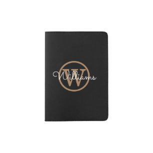 Modern Script Monogram Family Name Black Gold  Passport Holder