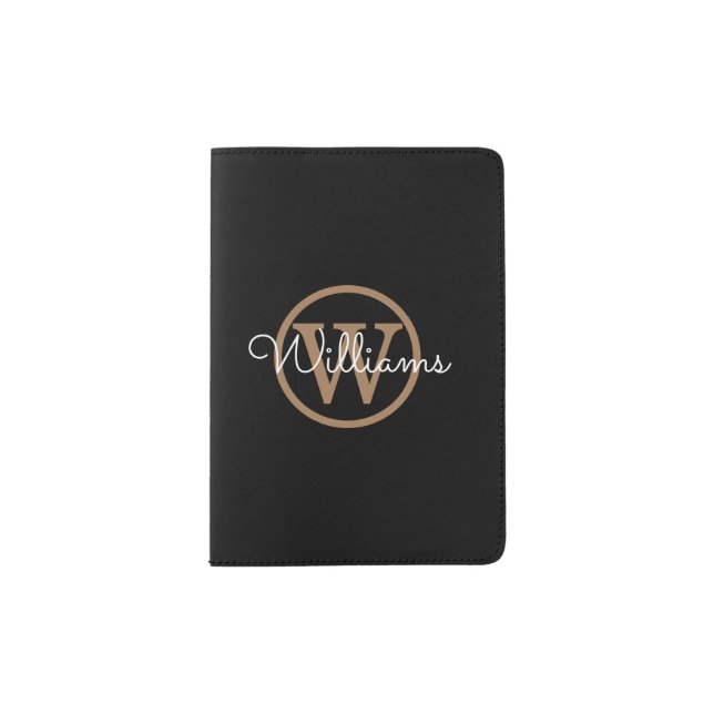 Modern Script Monogram Family Name Black Gold  Passport Holder (Front)